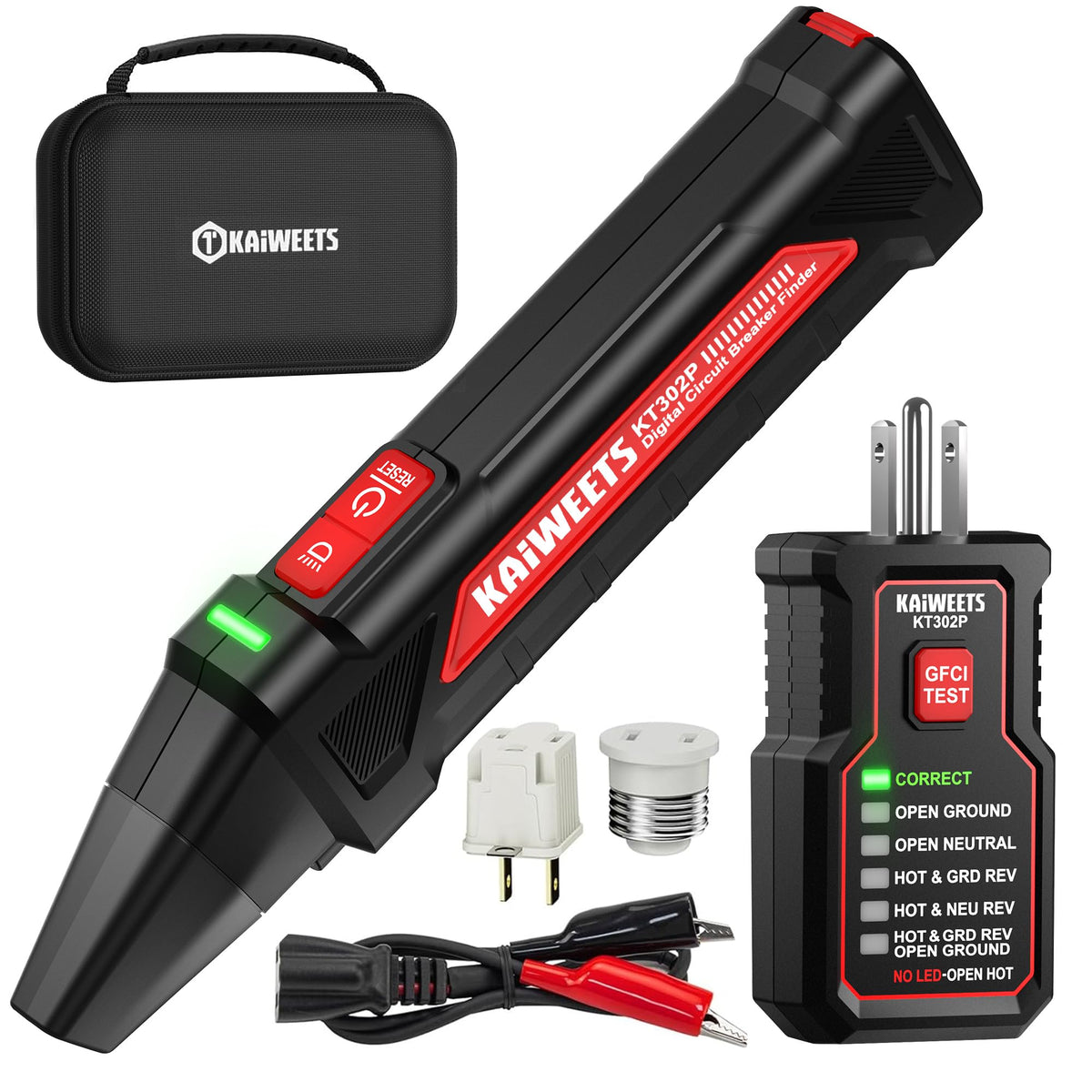 KAIWEETS Circuit Breaker Finder Tool Kit, GFCI Outlet Tester with Dual LED | Dual-Sided LED Indicators, Electrical Circuit Tracer Tool with Flashlight, Includes Carrying Case and Adapters- KT302P