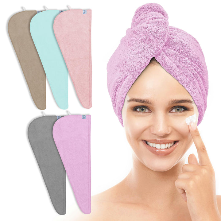 TENSTARS Microfiber Hair Towel Wrap for Women All Hair Types, 320GSM Thick | Quick Dry Anti-Frizz for Long Curly Wavy Coily Hair, Easy-On Loop Design, 320GSM | Spa Home Gym Travel - 5 pack Arctic Bloom
