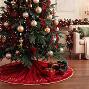 Bunny Chorus Christmas Tree Skirt, 48 inches Red Luxury Velvet Plush Fur Skirts with Gold Embroidered Holly Leaf for Rustic Xmas Tree Holiday Decorations