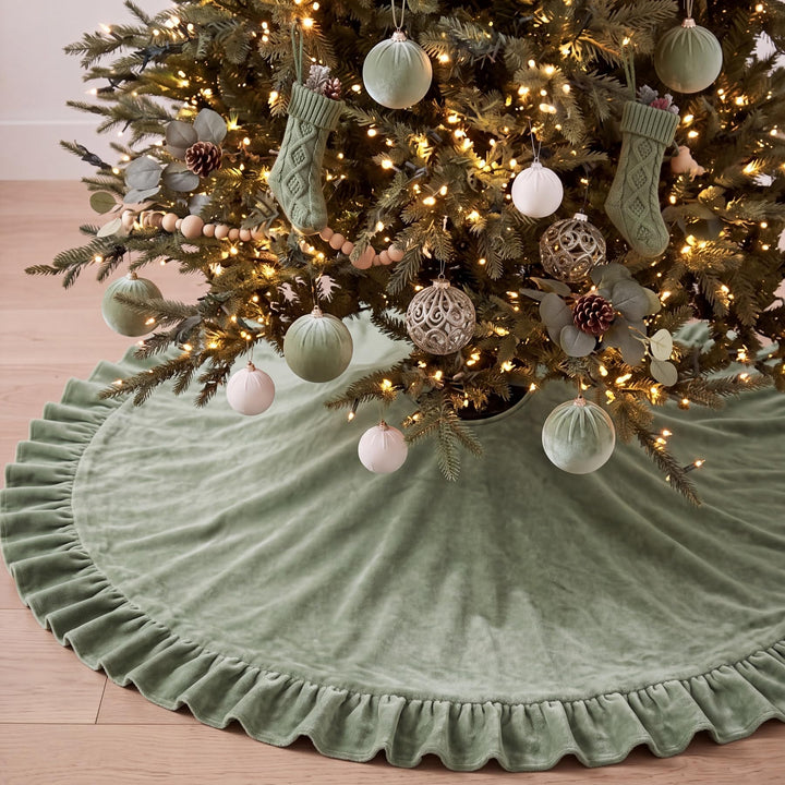 Velvet Christmas Tree Skirt, 48 Inches, Bow Style, Sage Green | Ruffled Edge Design, Luxury Plush Velvet Texture, Covers Tree Stand, Adds Vintage Elegance for Holiday Party Decorations