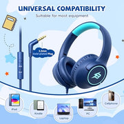 Kids Headphones Wired for School, 3.5mm Safe Volume Limited with Mic, Navy | Plug in Kid headphones with Cord, Over Ear Foldable, 85/94dB for Toddler Boy Girl Classroom Chromebook Tablet Airplane Travel