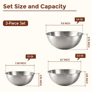 Gronivex Stainless Steel Mixing Bowls Set, 3-Piece (1.5, 2.2 & 3.4 Qt) | Food-Grade Metal, Dishwasher safe，Stackable Nesting & Space-Saving – For Kitchen Baking, Salads, Meal Prep, RV & Camping