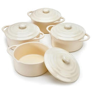 Kook Mini Cocotte, Lids, Handles, Dutch Oven, Set of 4, 12 oz, Ivory | Individual Baking Ramekins, Microwave Dishwasher Safe Stoneware, Small, Bread, Sourdough, Souffle, Casserole