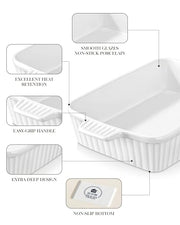MALACASA 4.4QT Ceramic Casserole Dishes for Oven, 9x13 Baking Dishes, White | Rectangular Lasagna Pan with Handles, Ceramic Baking Dish, Deep Roasting Pan, Microwave and Dishwasher Safe, Wedding Gift