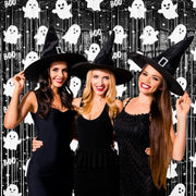 2 Pack Halloween Fringe Curtains, Ghost Foil Tinsel Backdrop | Metallic Foil, 3.28 x 6.56 FT Halloween Tinsel Backdrop Photo Booth Props Streamer for Halloween Decorations