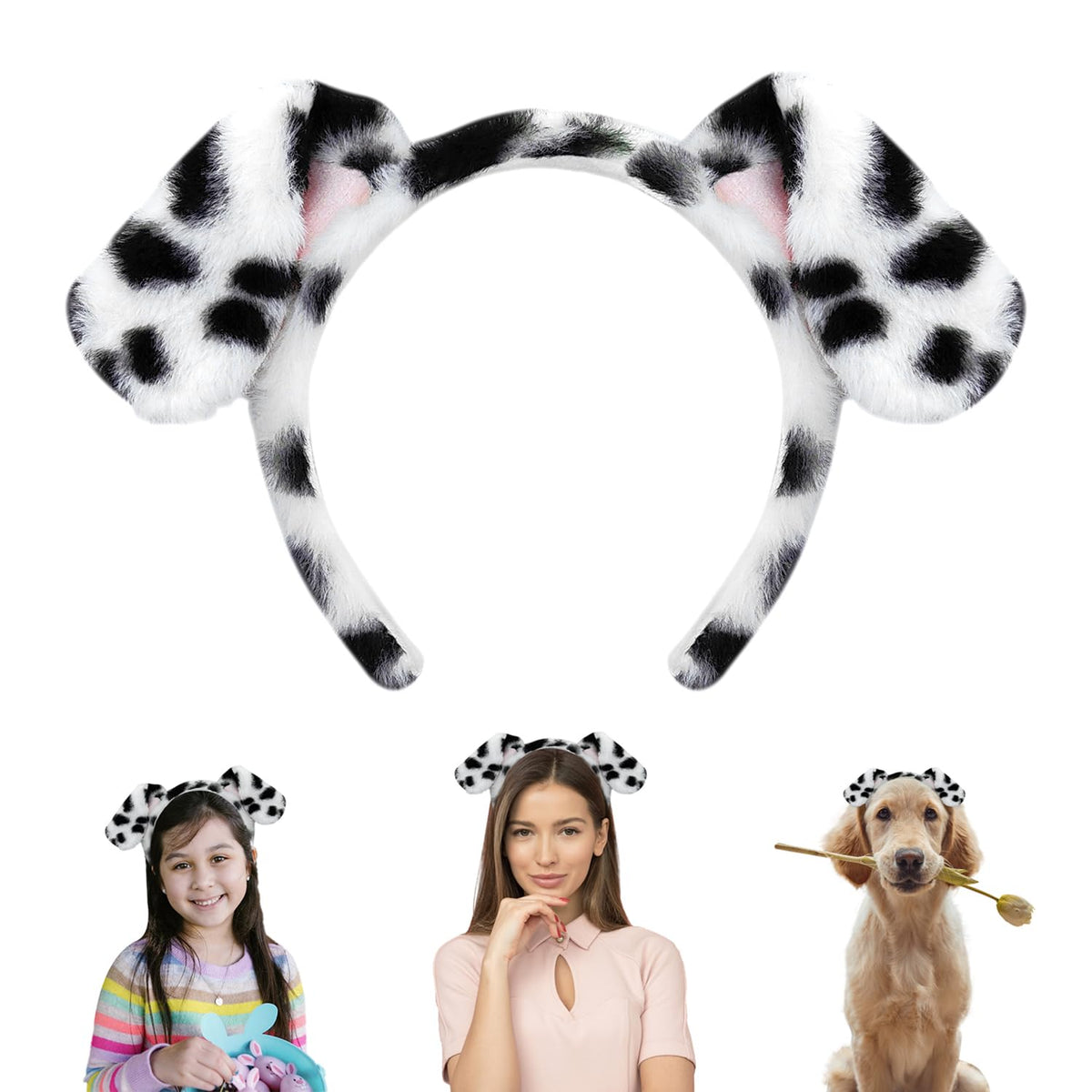 Beviliu Dalmatian Dog Ears Headband - Realistic Puppy Hairband Fluffy Adult Dogs Costume for Halloween Party Cosplay Washing Makeup