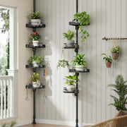 shuang qing 360° Rotating Corner Shower Caddy Tension Pole Organizer, Black | 4-Tier rotating shelves with hooks, adjustable tray height, upgraded rustproof metal pole, removable trays for shower storage