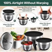 Mixing Bowls with Airtight Lids, Stainless Steel Mixing Bowl Set with 3 Nesting Kitchen Metal Bowls, Colander & Grater, Non-Slip Bottoms, Size 1.5, 2.5, 5 QT, Great for Mixing & Serving, Black