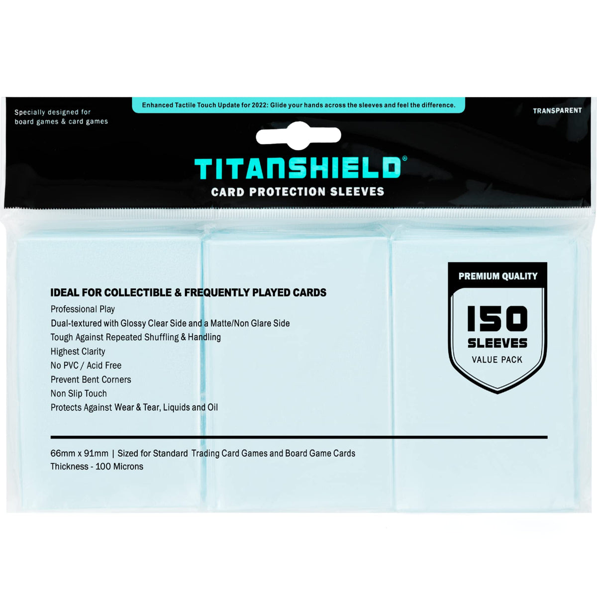 TitanShield Premium Card Sleeves | Compatible with Pokemon, One Piece, Lorcana, Flesh & Blood, & Magic The Gathering MTG | (150 Sleeves - Standard) (1, Clear, Standard | 66x91mm)