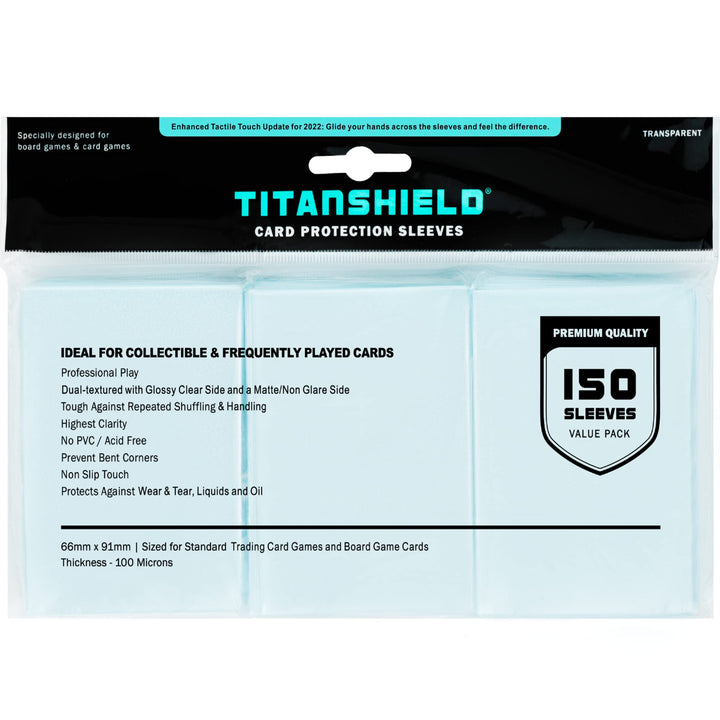TitanShield Premium Card Sleeves | Compatible with Pokemon, One Piece, Lorcana, Flesh & Blood, & Magic The Gathering MTG | (150 Sleeves - Standard) (1, Clear, Standard | 66x91mm)