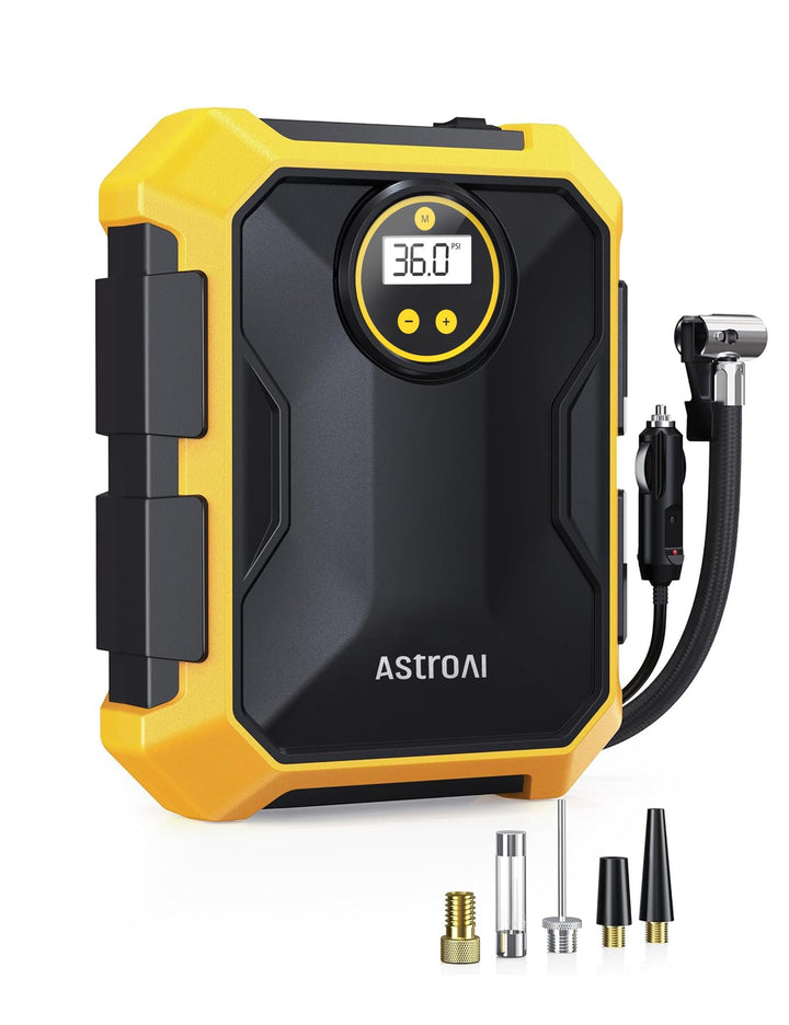 AstroAI Tire Inflator Portable Air Compressor 12V DC Integrated Storage | 9.8Ft Cord Digital Gauge Auto ShutOff LED Light Fast Inflation Air Pump for Car Tires Bike Ball Motorcycle Inflatables Yellow