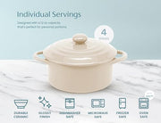 Kook Mini Cocotte, Lids, Handles, Dutch Oven, Set of 4, 12 oz, Ivory | Individual Baking Ramekins, Microwave Dishwasher Safe Stoneware, Small, Bread, Sourdough, Souffle, Casserole