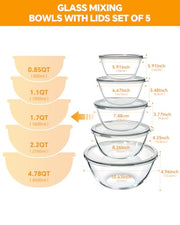 Glass Mixing Bowls with Lids Set of 5(4.78QT,2.2QT,1.7QT,1.1QT,0.85QT),Thick Glass Nesting Bowls for Kitchen Baking,Cooking Prep,Storage,Serving,Large Salad Bowls,Dishwasher Microwave Freezer Safe