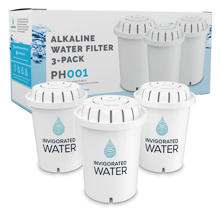 Invigorated Water PH001 Alkaline Water Filter Replacement, White | Water Filter Pitcher & Dispenser Filtration Systems - BPA-Free, Removes Chlorine, Heavy Metals – 96 Gallons/Filter (3-Pack)
