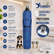 Candure Whisper Quiet Dog Nail Grinder with 360 Degree LED Light, 6-Speed Rechargeable Pet Nail Trimmers with Extra Grinding Head for Safe, Stress-Free Grooming for All Pet Sizes (Dark Blue)