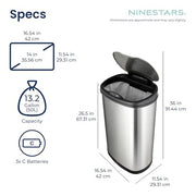 Ninestars 13 Gallon Oval Automatic Trash Can, 50L Touchless Motion Sensor Garbage Can with Odor-Sealing Lid & One-Touch Manual Mode, Silver Stainless Steel, Black Trim