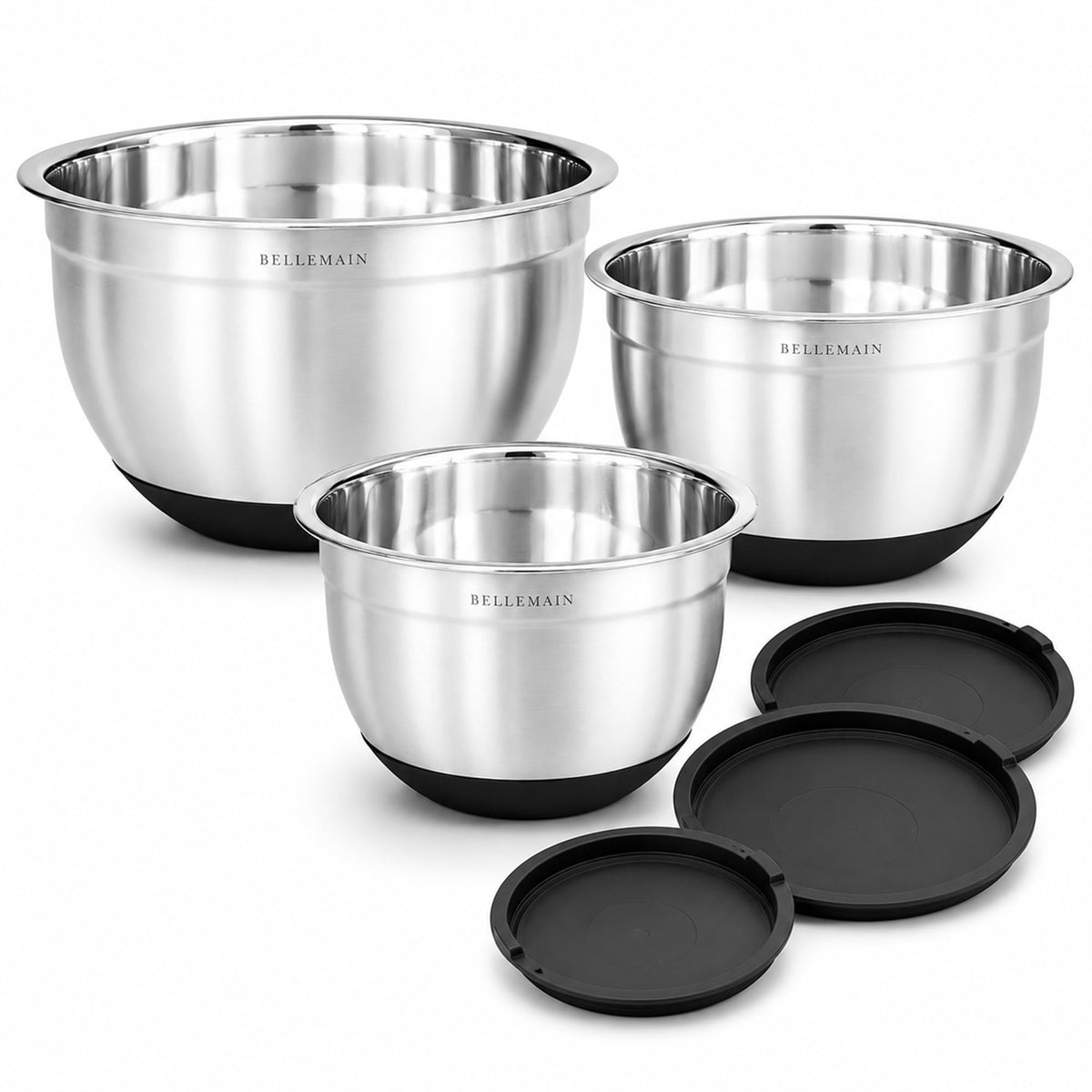 Bellemain Stainless Steel Mixing Bowls with Airtight Lids Set - Set of 3 | Non-slip Silicon Base, Kitchen Essentials for Baking & Serving (Mix, Serve, and Store), Rust-resistant, Dishwasher Safe