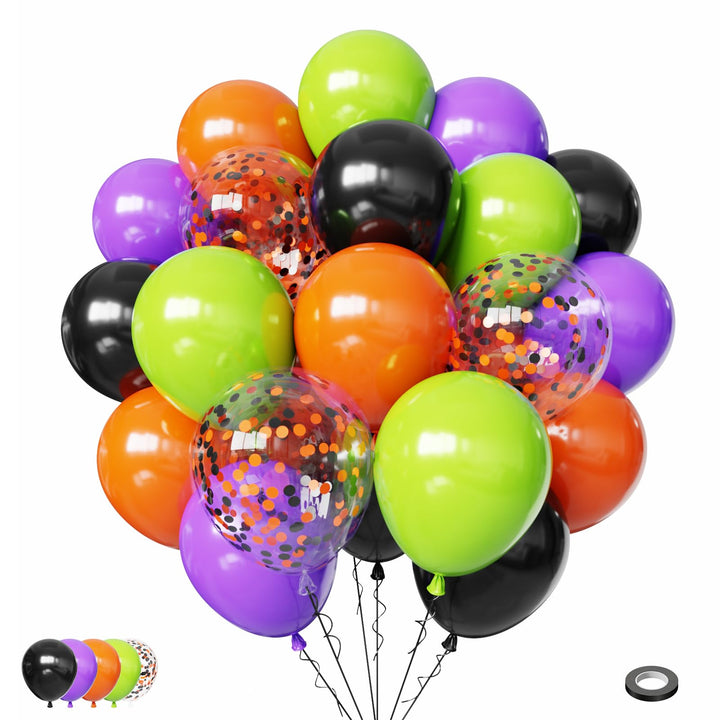 Halloween Balloons Set, 65Pcs Black Orange Purple Green Balloons 12Inch | Halloween Black and Orange Latex Balloons for Birthday Graduation Halloween Party Decorations