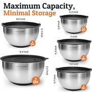 Priority Chef Stainless Steel Mixing Bowls with Lids Set, 3 Grater Attachments, Airtight Lids, Non-Slip Silicone Base Mixing Bowl Set, Large Prep Metal Mixing Bowls for Kitchen, Black
