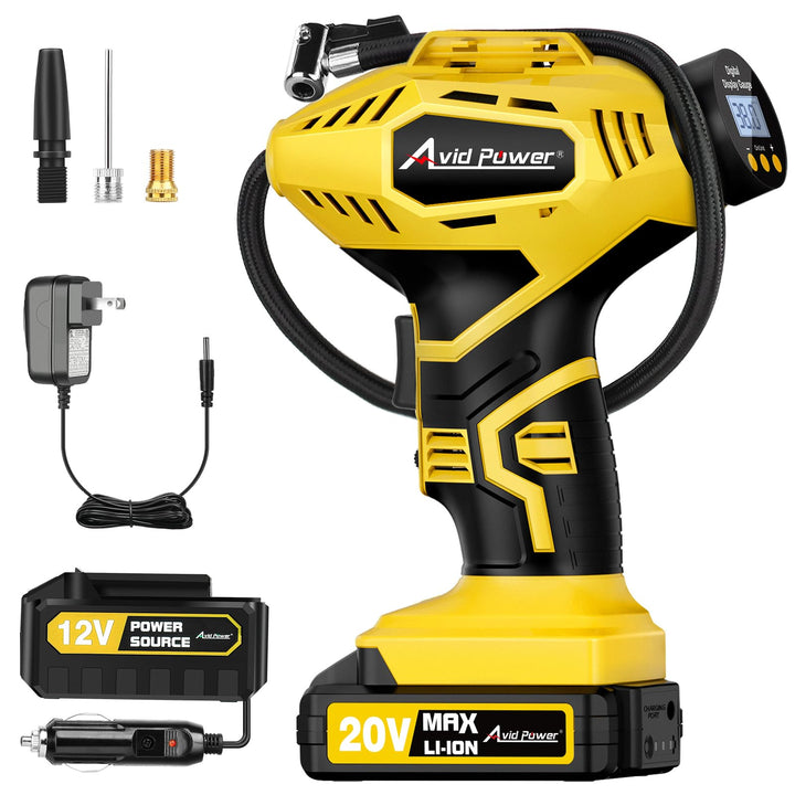 AVID POWER 20V Rechargeable Cordless Tire Inflator Portable Air Compressor | Auto Shut-Off, 12V DC Adapter, Air Tire Pump for Car, Bike, Ball, Motorcycle, 30 LPM, Digital Gauge, Yellow, for Emergency