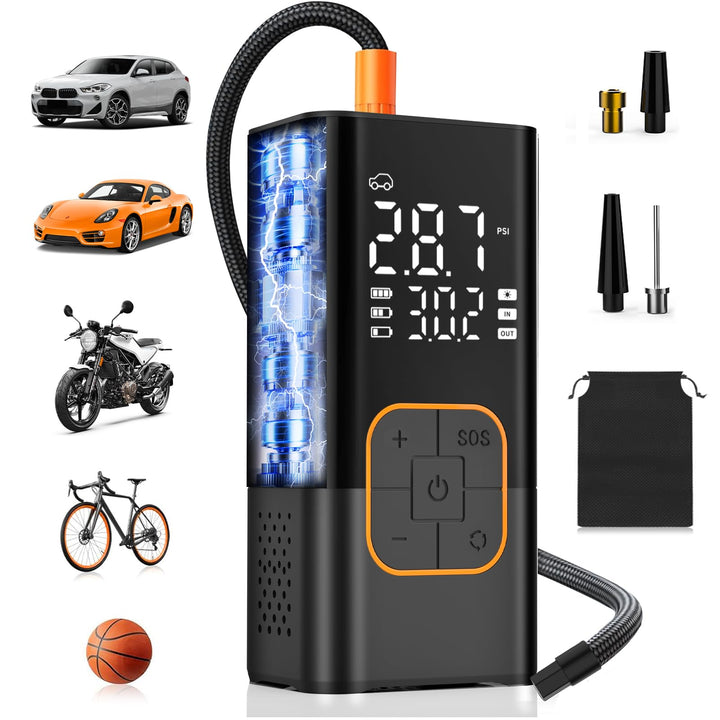 SFGSUP Tire Inflator Portable Air Compressor, Cordless Car&Bike Tyre Pump | With Digital Dual Values Display, 150 PSI Bike Tires Air Pump with LED Lights&Pressure Gauge for Auto/Bicycle/Motocycle/Balls