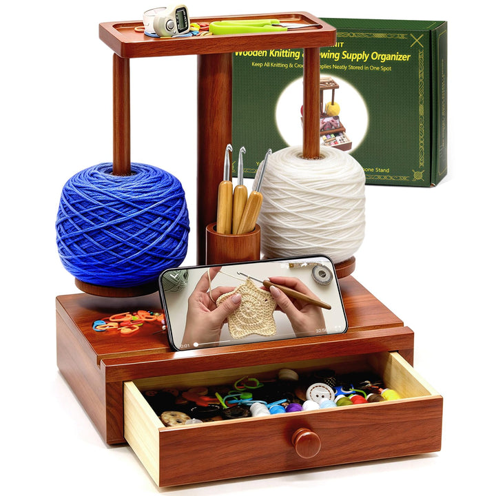 CHUAYIKNIT Wooden Yarn Holder for Crocheting and Knitting Storage Drawer | Magnetic 360 Degree Spindle Rotation, Spinner, 2 Spindles for Two Colors, Top Tray, Phone Stand, Crochet Organizer