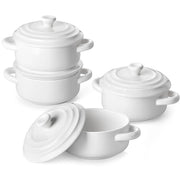 MALACASA Mini Cocotte Set of 4, 14 OZ Ceramic Casserole Dishes with Lids | Single Serving Small Dutch Oven Set, Lasagna, Soufflé, French Onion Soup, Pudding, Oven, Dishwasher Safe with Handles, White