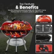 GasOne 14-inch Portable Charcoal Barbecue Grill with Thermometer – Red | 3-Point Locking Lid for Heat Preservation – Dual Venting System – Small Charcoal Grill for Backyard, Camping, Boat