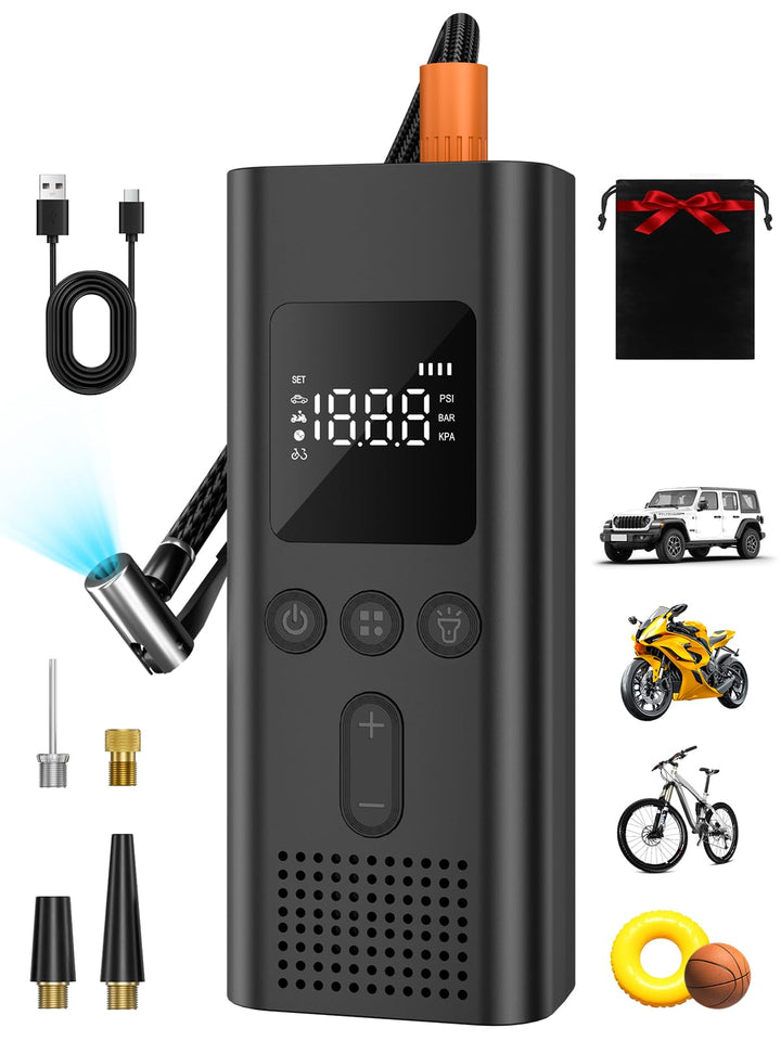 AIRSURE Tire Inflator Portable Air Compressor, Bike Pump with Auto Shut-Off | 150PSI, Cordless, Fast Inflation, Emergency Tool, Air Pump for Car Tires, Bikes, Balls, Swimming Ring