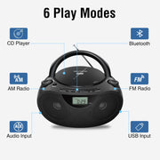 Nextron Portable CD Player Boombox with Bluetooth, AM/FM Radio & USB | CD-R/RW, MP3-CD & USB Playback, Stereo Sound, Bass Boost, AUX Input, Headphone Jack, LCD Display, AC/Battery Powered - Black