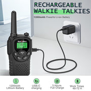 Walkie Talkies Long Range for Adults, Rechargeable FRS Two-Way Radio, 2Pack | NOAA weather alert. 1200mAh Li‑ion battery supports USB‑C charging. LED flashlight and VOX hands‑free function for Outdoors.