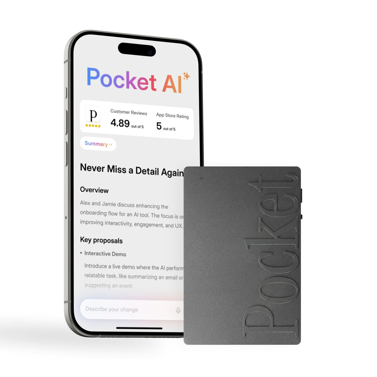 Pocket AI Voice Recorder, Auto Transcription, AI Note Taker, Space Grey | Recording Device, Action Items, Mind Maps, Ask Pocket, 4-Day Battery, MagSafe, iOS & Android