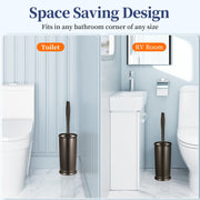 HAMITOR Toilet Bowl Brush Holder Set: Modern Brown Bathroom Accessories | Dense Stiff Soft Bristle Deep Cleaning, Round Head Restroom Scrubber, Covered Holder Hidden Mess, Home Hotel Decor, 2 Pack