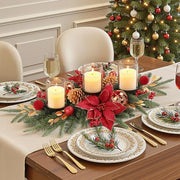 Alupssuc 28" Red Gold Christmas Centerpiece with 3 Candle Trays,1 Pcs | Candle Holders Trays,Dining Table Decoration with Baubles, Pine Cones, Red Berries, Spruce Branches, Flower for Christmas