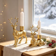 FORUP Reindeer Christmas Candle Holders, Set of 2 Deer Deer Taper Candle Holders with Floral Wreath, Rustic Pedestal Centerpieces for Christmas Fireplace Mantle Dining Table, Holiday Farmhouse Décor