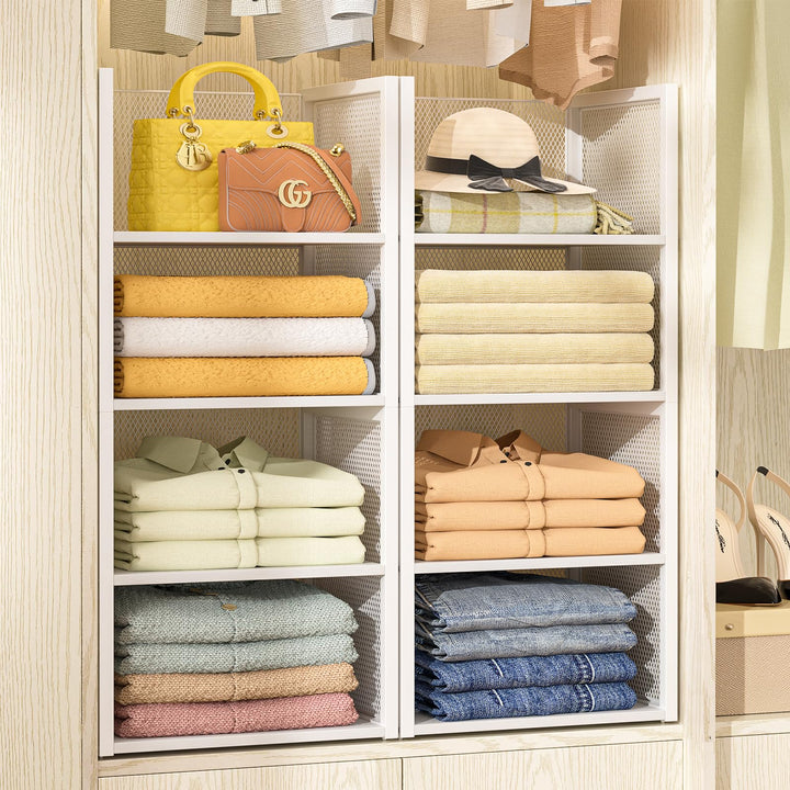 4-Tier Stackable Closet Organizers and Storage Basket, Wire Clothes Shelf Organizer Bins, Sweater Storage for Wardrobe Cupboard, Multifunctional Cube Storage Box for Kitchen Bath Laundry Room, White