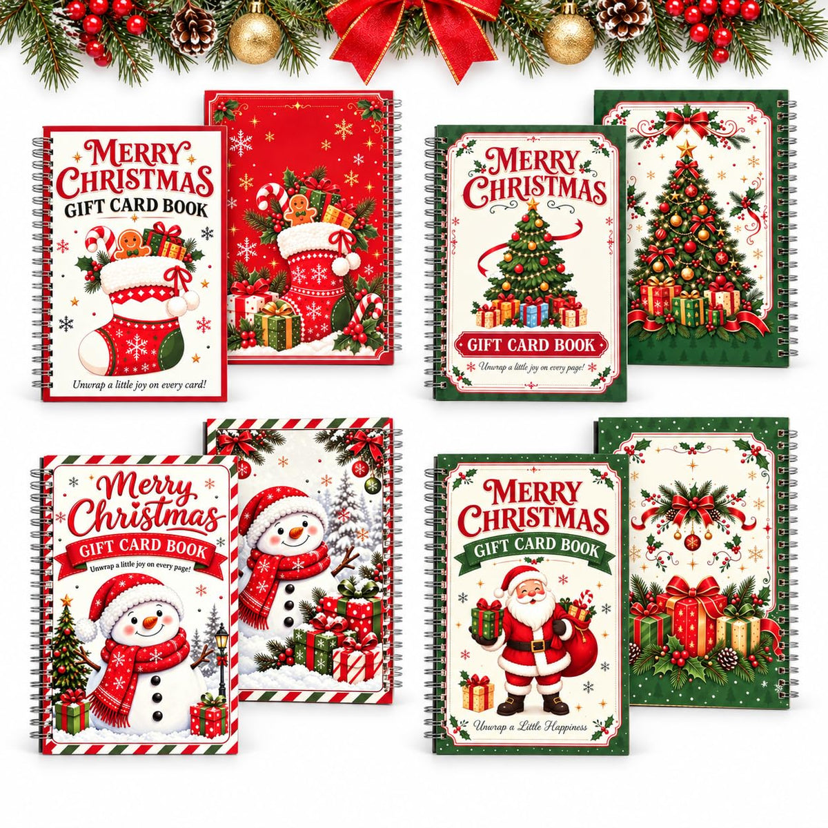 DIY Spiral Bound Christmas Gift Card Book, 5x7 Holiday Gift Booklet,4 Pack | 10 Themed Pages,Spiral Binding,Add Cards,Coupons,Write-In Notes,Festive Christmas Holiday Designs,Greeting Card Book