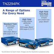 Brother Genuine TN2294PK Standard Yield 4-Pack Printer Toner Cartridges - Black, Cyan, Magenta, Yellow Toner Multipack