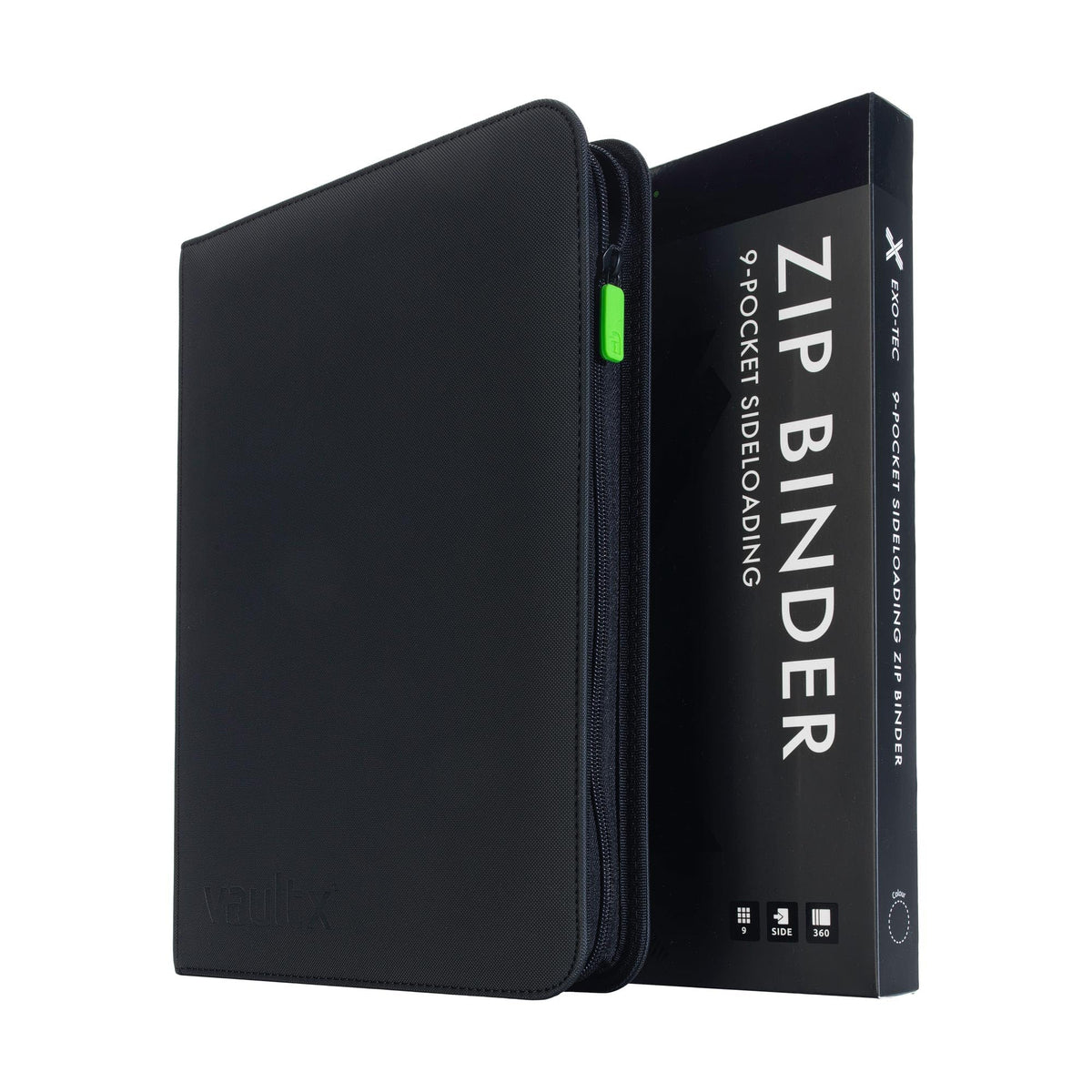 Vault X 9 Pocket Zip Trading Card Binder 360 Cards Exo-Tec (Black) | Holds 360 standard-size TCG cards in 20 side-loading 9-pocket pages. Padded, water-resistant Exo-Tec cover.