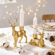 FORUP Reindeer Christmas Candle Holders, Set of 2 Deer Deer Taper Candle Holders with Floral Wreath, Rustic Pedestal Centerpieces for Christmas Fireplace Mantle Dining Table, Holiday Farmhouse Décor