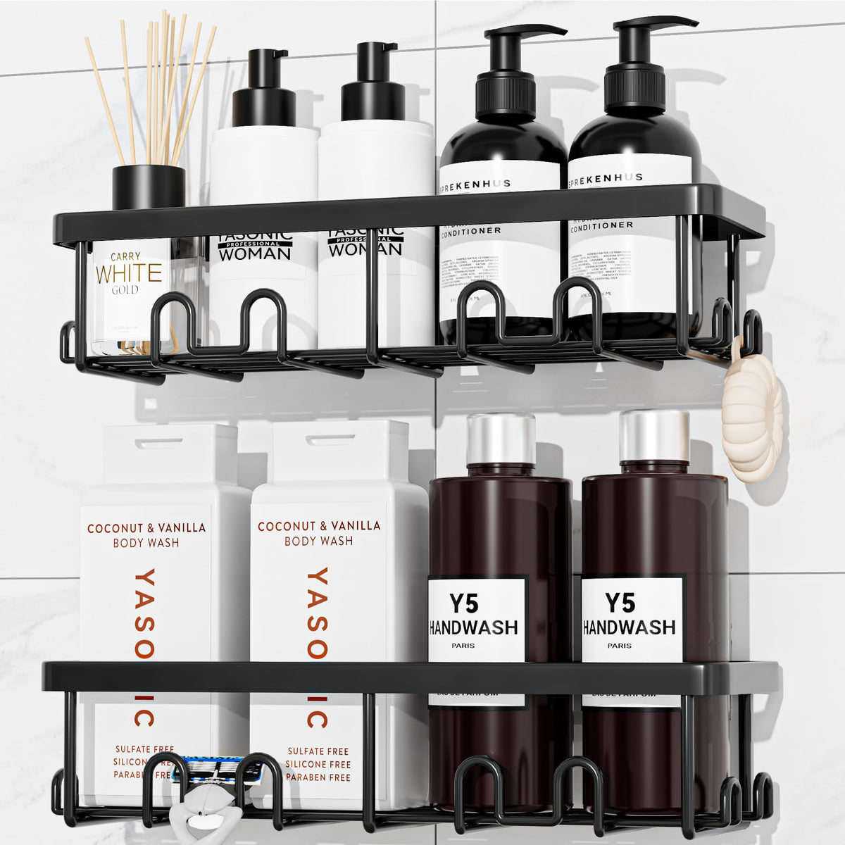 YASONIC Shower Caddy Adhesive, Rustproof Shower Organizer, Wall Shower Rack | Large Capacity Shower Shelf for Inside Shower, No Drill Shower Storage, Shampoo Shower Holder, Black, 2 Caddies
