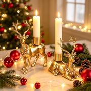 FORUP Reindeer Christmas Candle Holders, Set of 2 Deer Deer Taper Candle Holders with Floral Wreath, Rustic Pedestal Centerpieces for Christmas Fireplace Mantle Dining Table, Holiday Farmhouse Décor