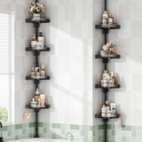 shuang qing 360° Rotating Corner Shower Caddy Tension Pole Organizer, Black | 4-Tier rotating shelves with hooks, adjustable tray height, upgraded rustproof metal pole, removable trays for shower storage