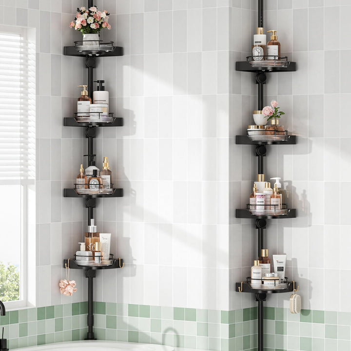 shuang qing 360° Rotating Corner Shower Caddy Tension Pole Organizer, Black | 4-Tier rotating shelves with hooks, adjustable tray height, upgraded rustproof metal pole, removable trays for shower storage