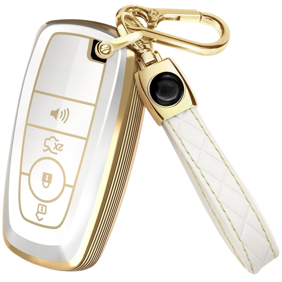 Lucrum Compatible with Ford Key Fob Cover & Keychain | Fits Bronco, Explorer, Edge, Escape, Expedition, Fusion, Mustang, 4 Buttons Keyfob Case (2017-2026) - White and Gold