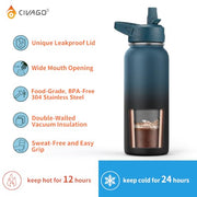 CIVAGO 32 oz Insulated Stainless Steel Water Bottle With Straw and 3 Lids | Large Metal Sports Water Jug, Leakproof Reusable Wide Mouth Thermal Flask Cup with Silicone Boot, BPA-Free, Black
