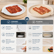 ONEMORE Microwave Bacon Tray with Lid Ceramic Bacon Cooker Meat Rack for Oven Cooking Crispy Bacon Maker with Cover - 11 inch Round Bacon Dish Plate, White