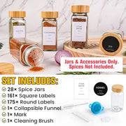 28PCS Spice Jars with Label, 4oz Glass Seasoning Containers with Bamboo Lid | Include 336 Waterproof Labels, Collapsible Funnel, Mark, Brush, Empty Spice Bottle for Cabinet Drawer Rack Organizer BPA-Free
