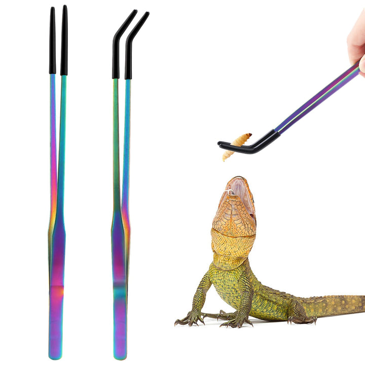 OLIISS Iridescent Reptile Feeding Tongs with Rubber Tips, 10.6", 2 Pack | Straight & Curved, Stainless Steel, Secure Grip, Feeder Tools for Bearded Dragons, Geckos & Lizards, Terrarium Tank Supplies