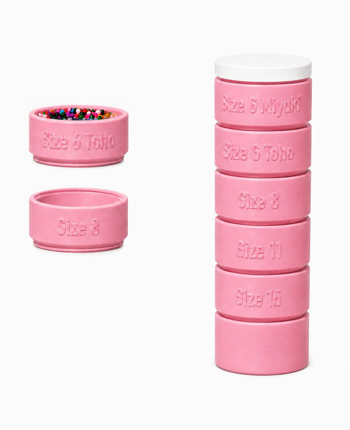 Bead Sifter by Size, Twist-Together Seed Bead Sorter with Catch Cup | Pink 6-piece set; five sieve sizes (1.5-4.5 mm); twist cups together to connect and twist apart to retrieve beads.